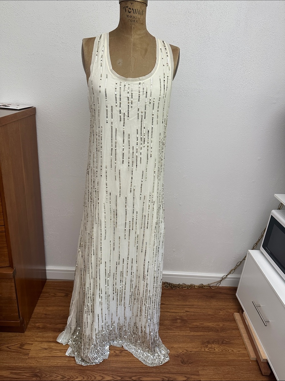 Renzo and Kai Cream Maxi Dress with Silver Sequin Stripes